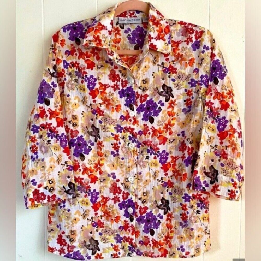 Sag Harbor Blouse Women’s Medium Petite Orange Multicolored Abstract Floral